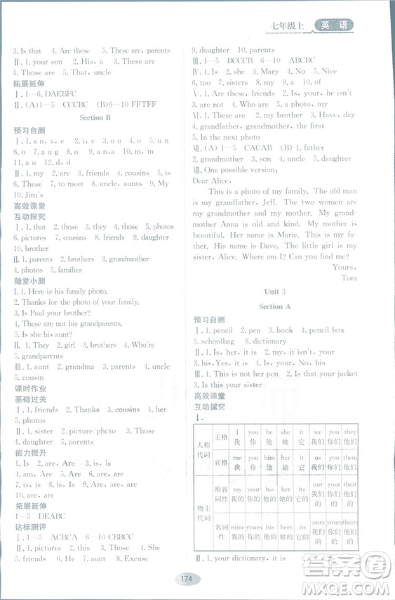 2018人教版資源與評(píng)價(jià)七年級(jí)英語上冊(cè)參考答案