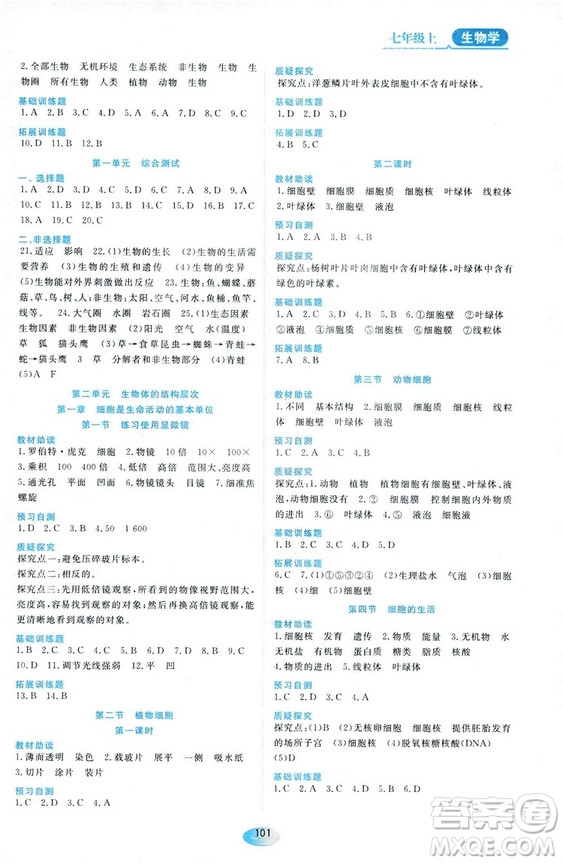 2018人教版資源與評(píng)價(jià)七年級(jí)生物上冊(cè)參考答案