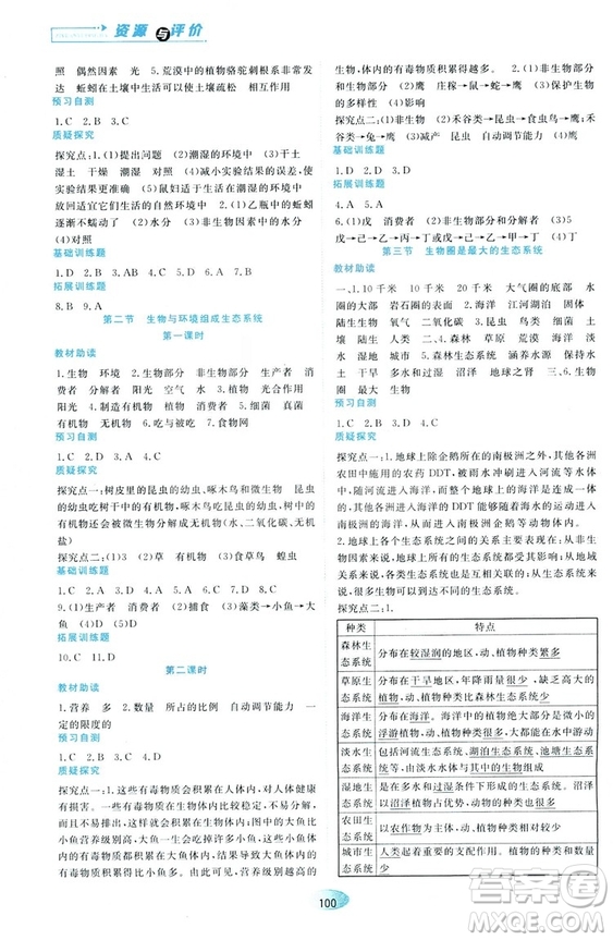 2018人教版資源與評(píng)價(jià)七年級(jí)生物上冊(cè)參考答案