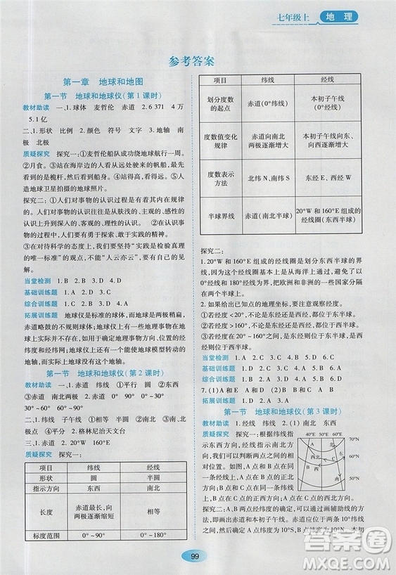 資源與評(píng)價(jià)2018人教版七年級(jí)地理上冊參考答案