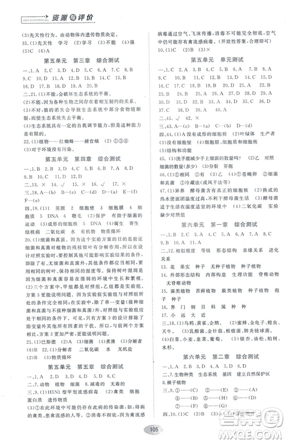 2018資源與評價生物學(xué)八年級上冊人教版參考答案