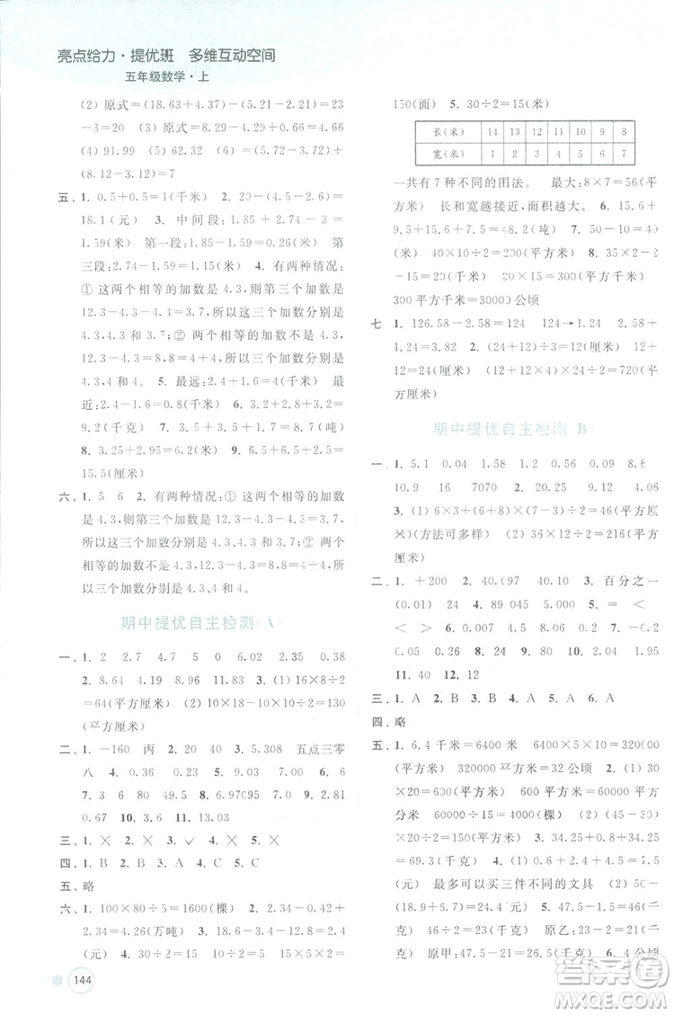 亮點(diǎn)給力提優(yōu)班2018多維互動空間五年級數(shù)學(xué)上冊江蘇版答案