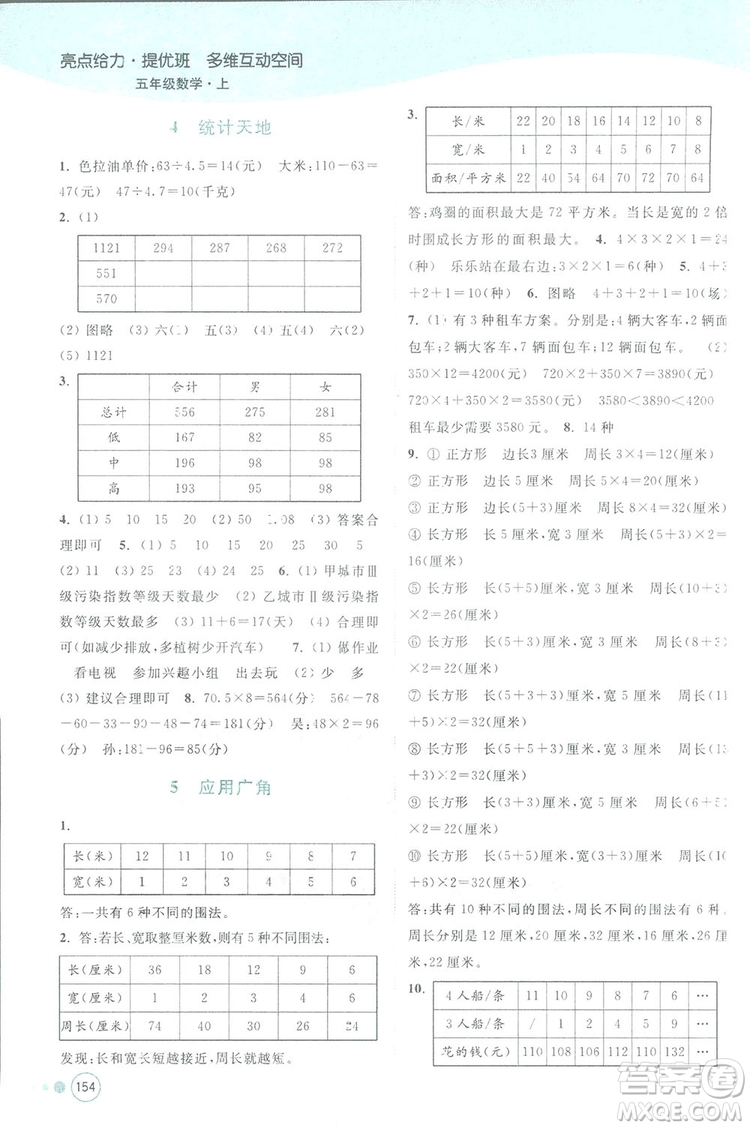 亮點(diǎn)給力提優(yōu)班2018多維互動空間五年級數(shù)學(xué)上冊江蘇版答案