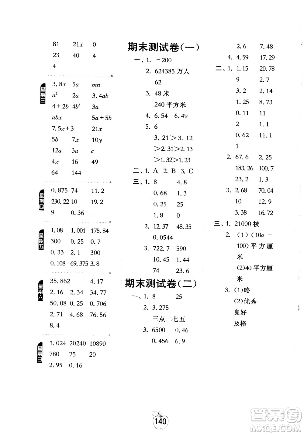 2018秋春雨教育專項(xiàng)巧練小學(xué)數(shù)學(xué)計(jì)算高手五年級上參考答案