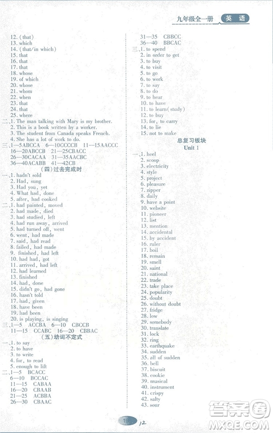 山教版2018年資源與評(píng)價(jià)英語(yǔ)九年級(jí)全一冊(cè)參考答案