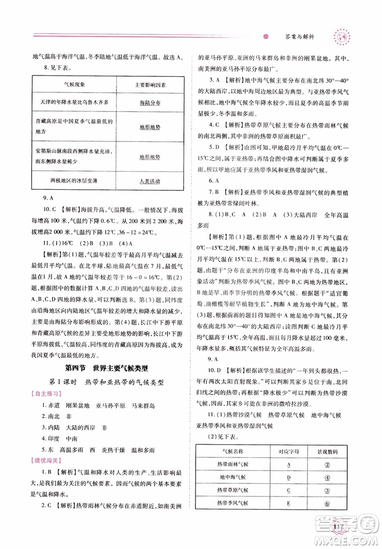 2018年初一績優(yōu)學(xué)案7年級地理上冊湘教版參考答案
