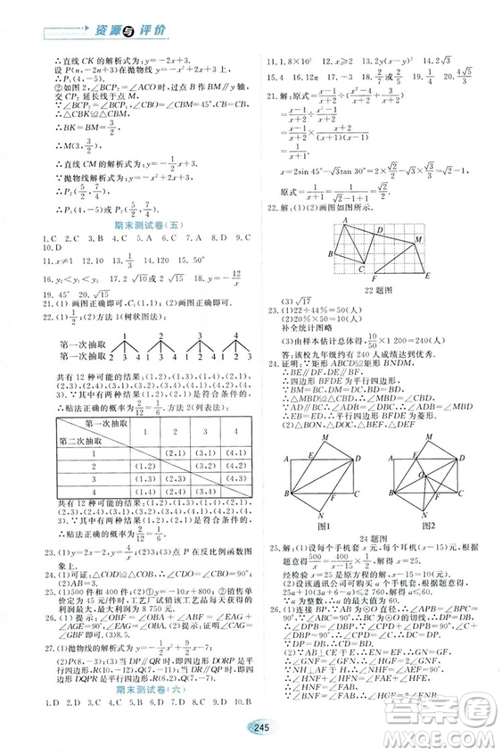 五四學制人教版2018資源與評價數(shù)學九年級上冊參考答案