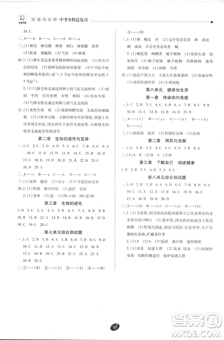 2018年資源與評價中考全程總復(fù)習(xí)生物B版參考答案
