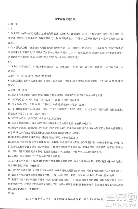 2018年資源與評(píng)價(jià)中考全程總復(fù)習(xí)語(yǔ)文D版參考答案
