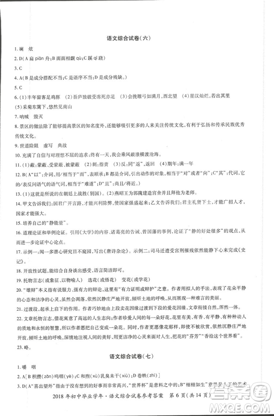 2018年資源與評(píng)價(jià)中考全程總復(fù)習(xí)語(yǔ)文D版參考答案