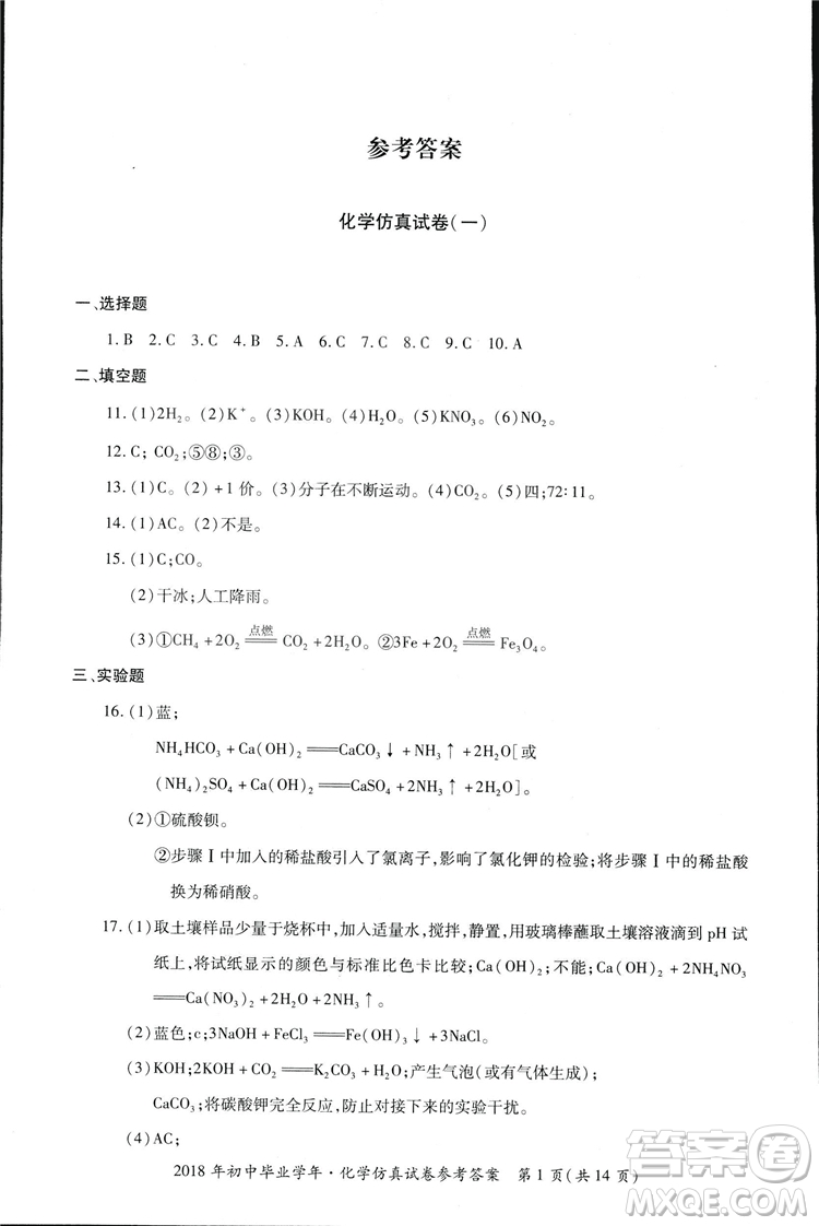 2018年資源與評價中考全程總復(fù)習化學D版參考答案