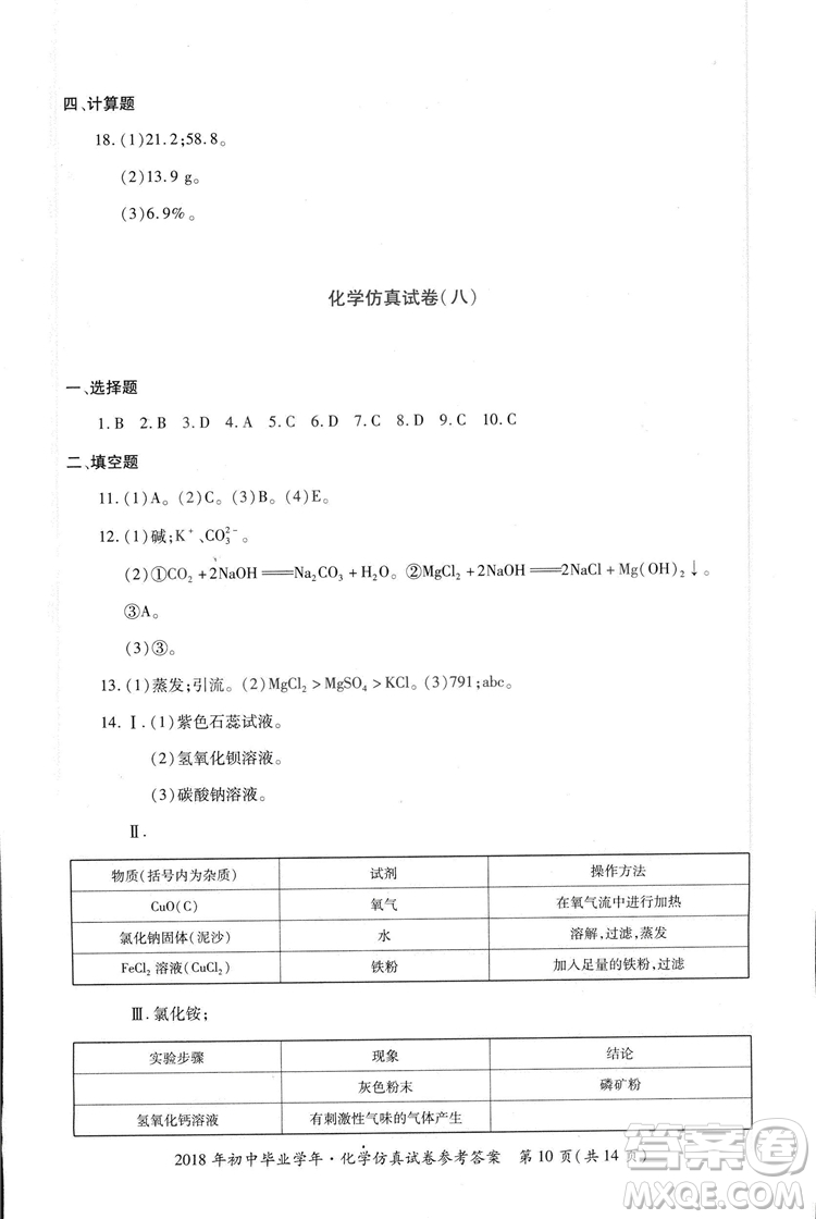 2018年資源與評價中考全程總復(fù)習化學D版參考答案