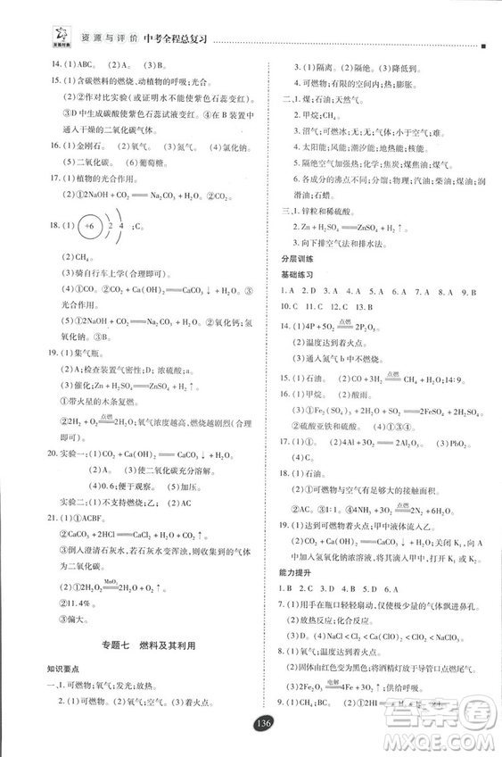 2018年資源與評價中考全程總復(fù)習化學D版參考答案