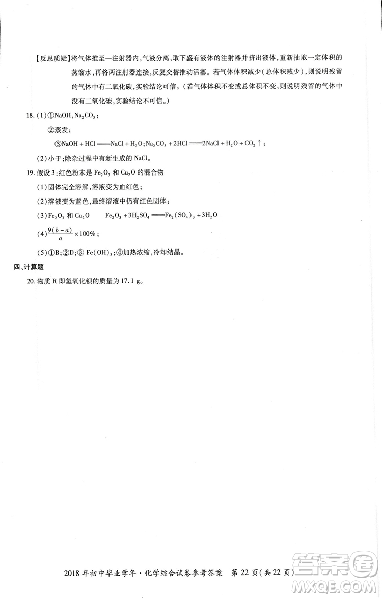 2018年資源與評價中考全程總復(fù)習化學D版參考答案