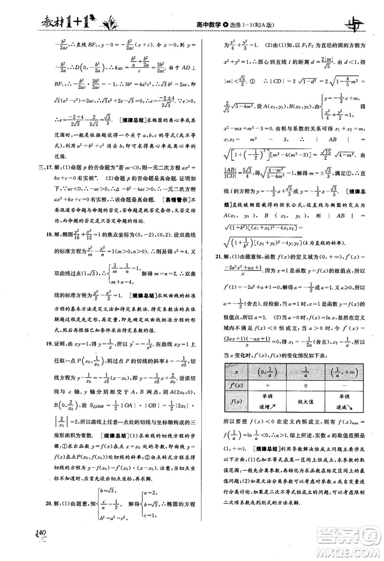 2018教材1+1高中數(shù)學(xué)選修1-1人教A版參考答案