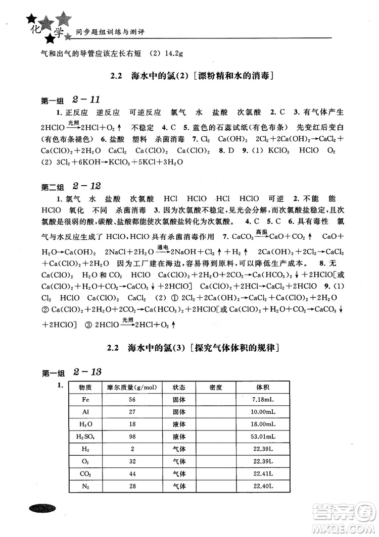 2018年高中五星級同步題組訓(xùn)練與測評高一年級第一學(xué)期化學(xué)參考答案