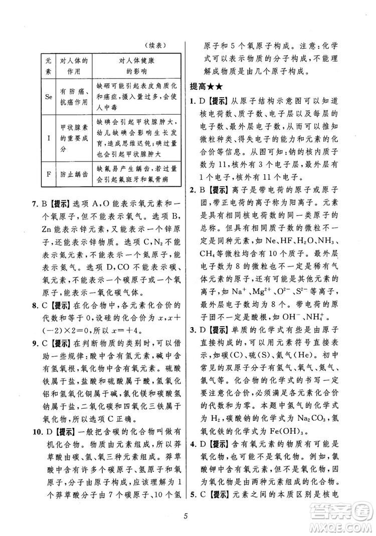 2018年常春藤初中四星級題庫化學參考答案