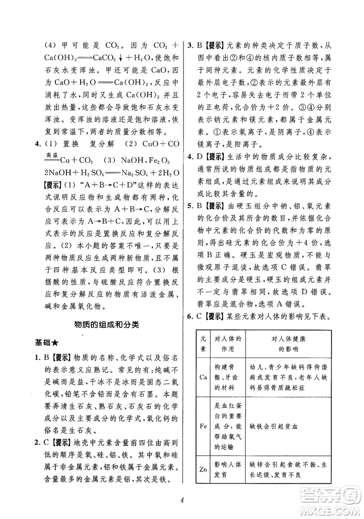 2018年常春藤初中四星級題庫化學參考答案