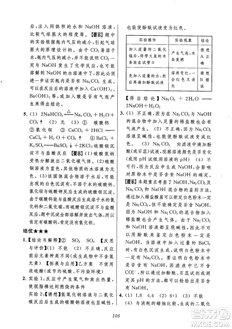 2018年常春藤初中四星級題庫化學參考答案