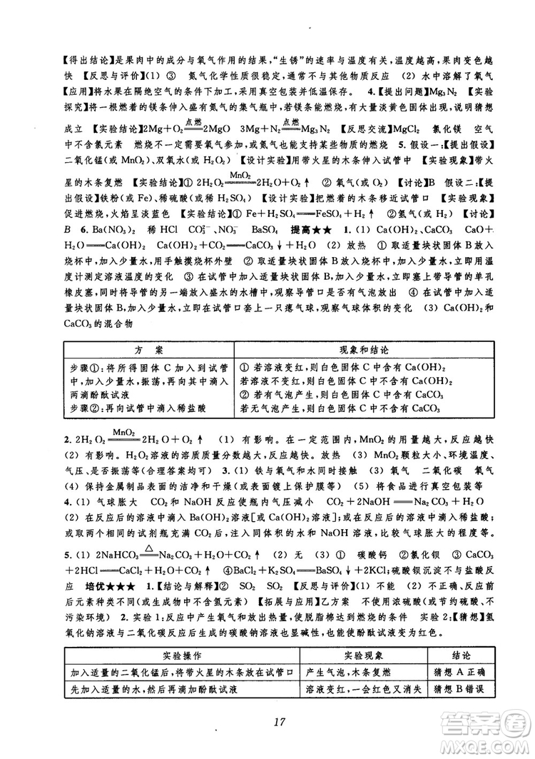 2018年常春藤初中四星級題庫化學參考答案
