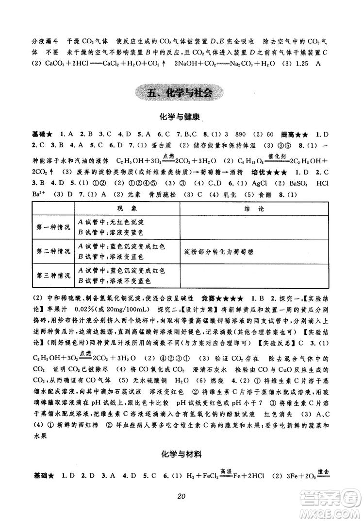 2018年常春藤初中四星級題庫化學參考答案