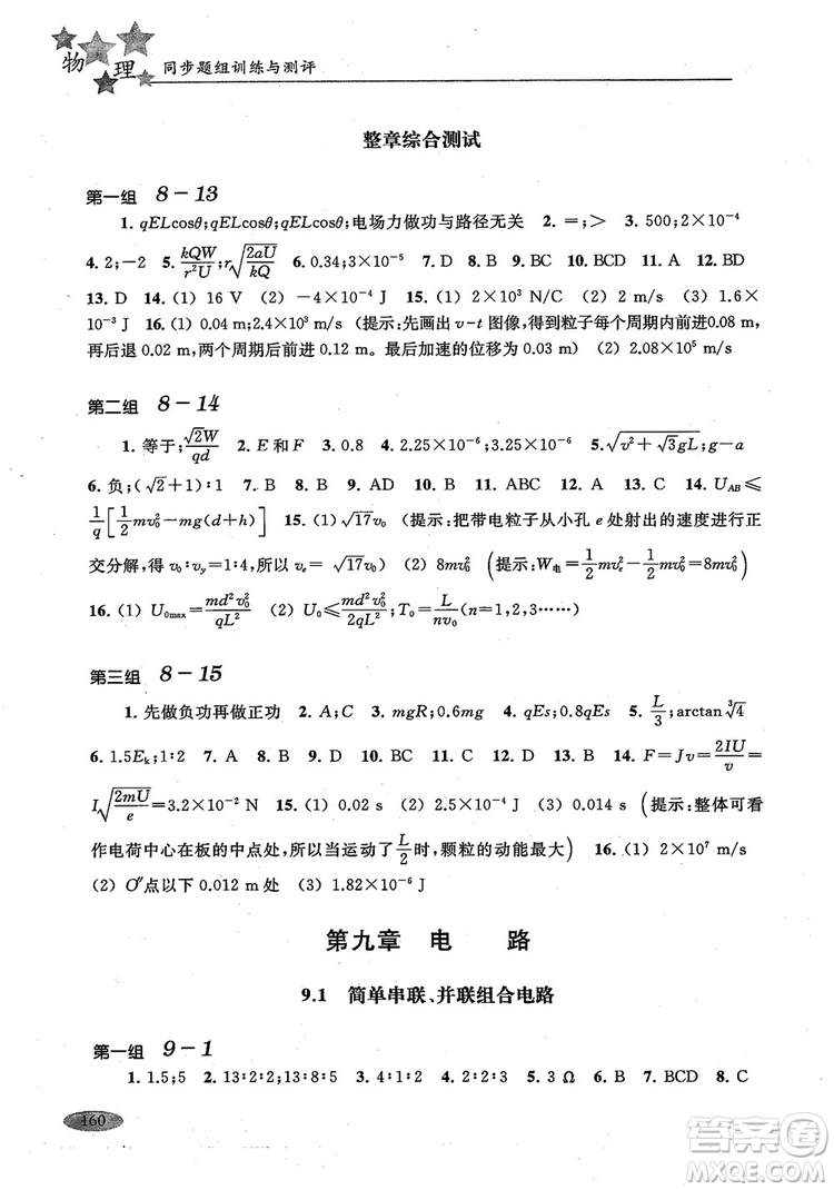 2018年高中五星級(jí)同步題組訓(xùn)練與測(cè)評(píng)高二年級(jí)第一學(xué)期物理參考答案