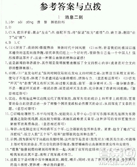 2018秋人教版RJ學(xué)練優(yōu)核心素質(zhì)提高訓(xùn)練八年級上冊語文參考答案