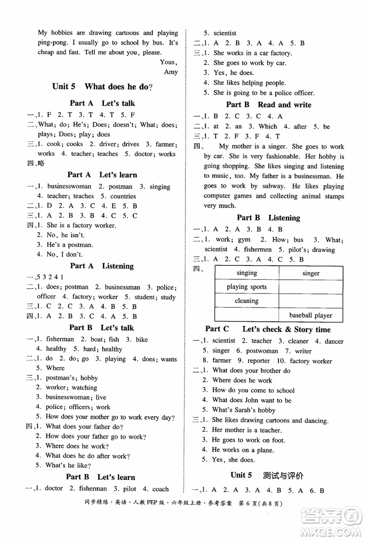 2018秋同步精練小學英語六年級上冊人教版PEP版參考答案