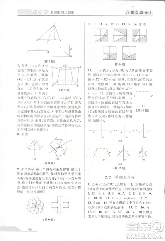 2018秋教學(xué)練當(dāng)堂練新課時(shí)同步訓(xùn)練八年級上冊數(shù)學(xué)浙教版答案