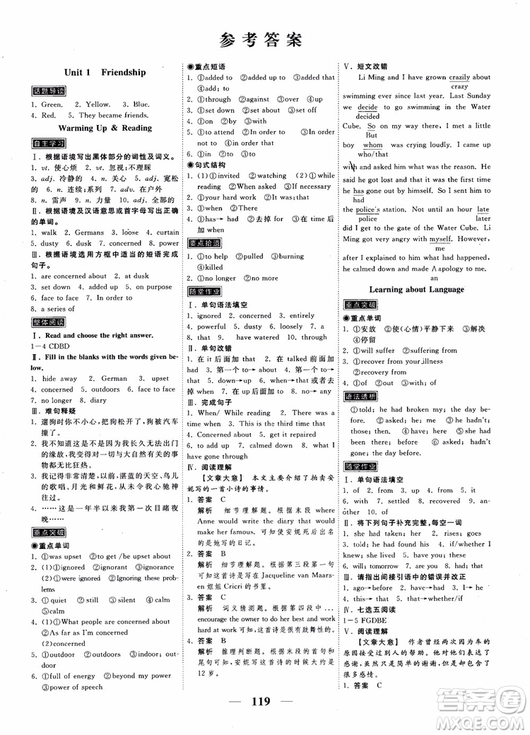 2018衡水重點(diǎn)中學(xué)高考調(diào)研同步精講精練新課標(biāo)版英語(yǔ)必修1參考答案