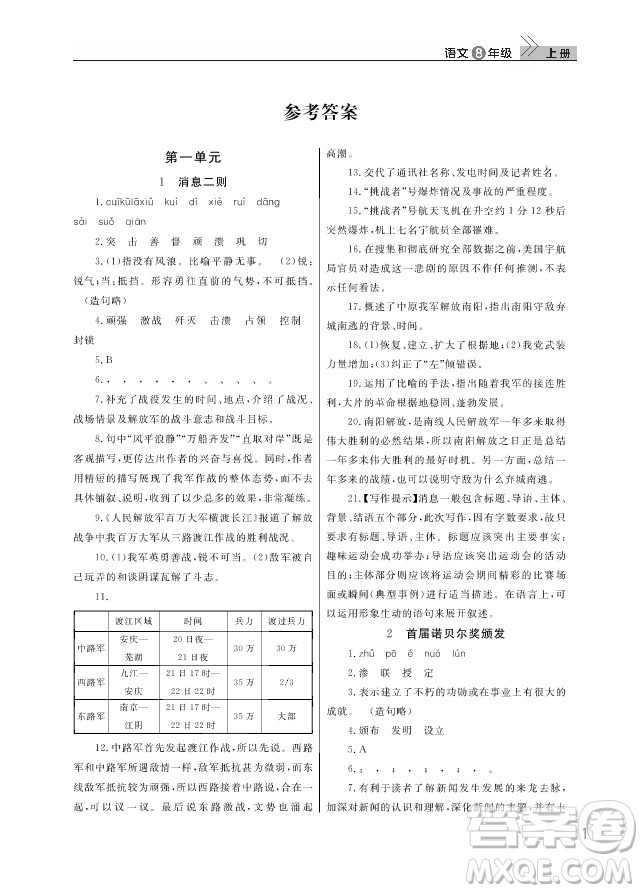 武漢出版社2018智慧學(xué)習(xí)課堂作業(yè)人教版8年級(jí)語文上冊(cè)答案