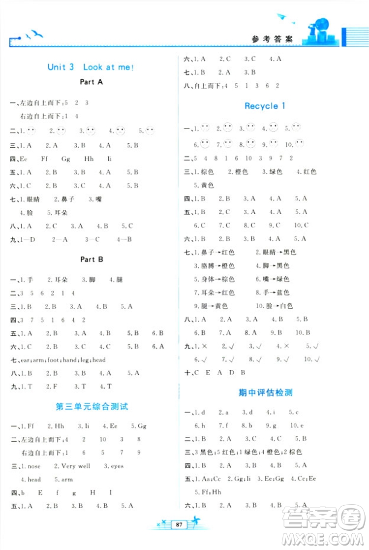 2018新陽(yáng)光課堂金牌練習(xí)冊(cè)英語(yǔ)三年級(jí)上冊(cè)人教版PEP答案