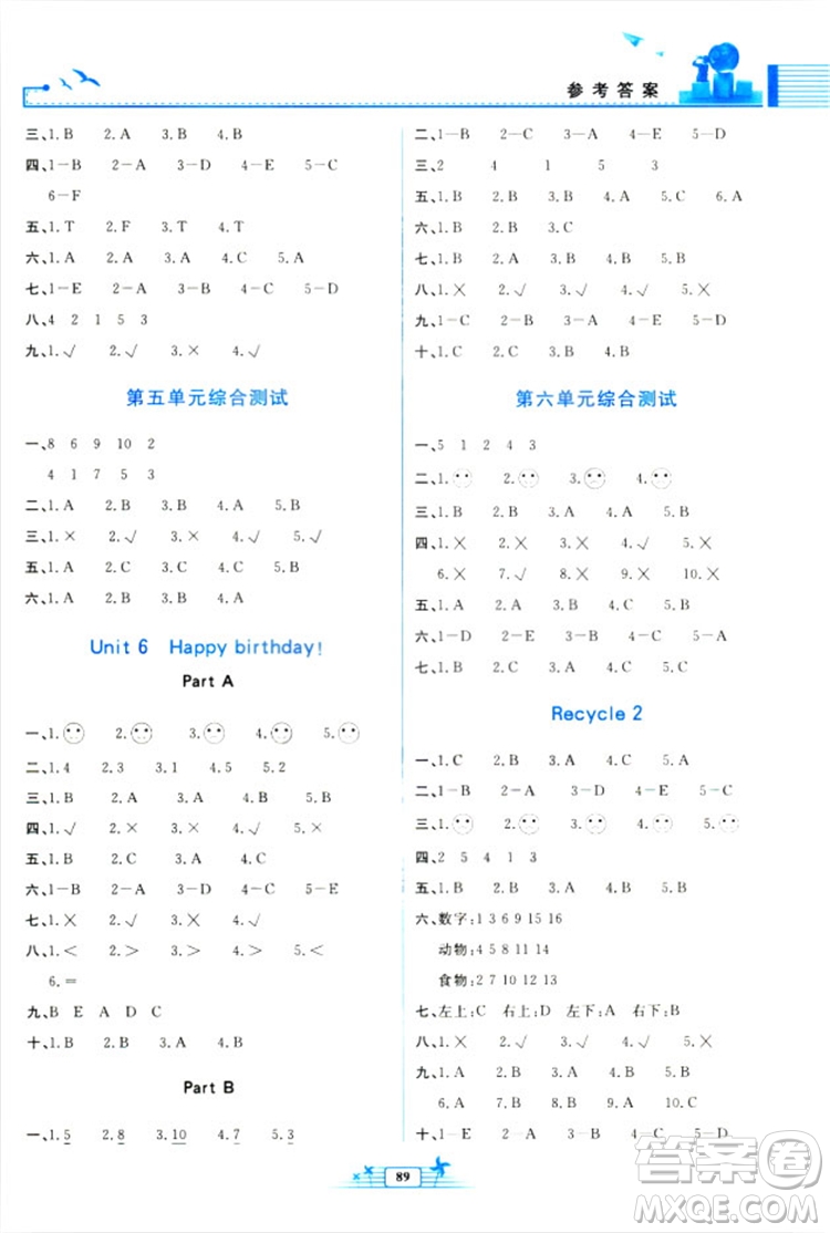 2018新陽(yáng)光課堂金牌練習(xí)冊(cè)英語(yǔ)三年級(jí)上冊(cè)人教版PEP答案