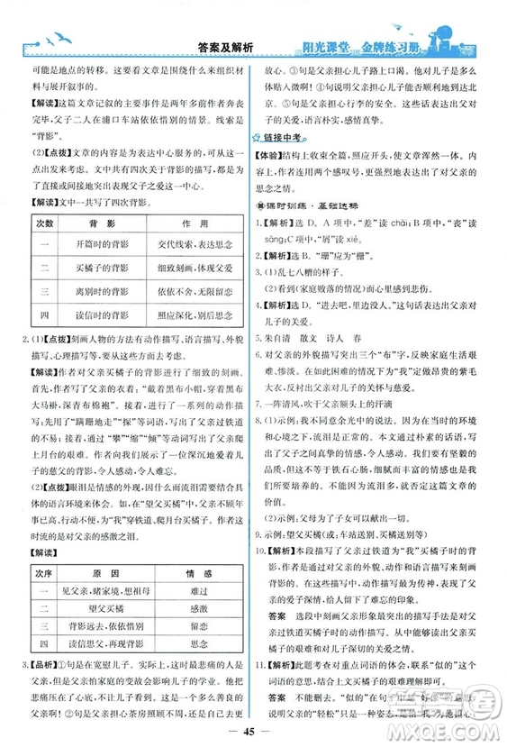 2018秋陽光課堂金牌練習冊語文八年級上冊人教版答案