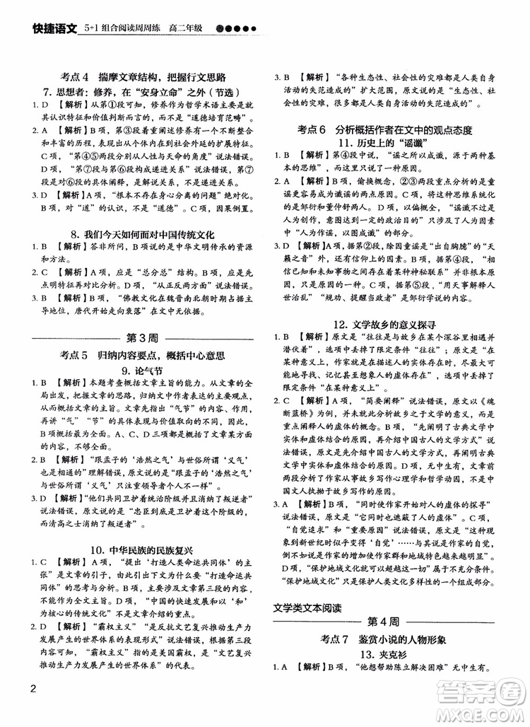 2018年快捷語(yǔ)文5+1組合閱讀活頁(yè)版周周練高二年級(jí)參考答案