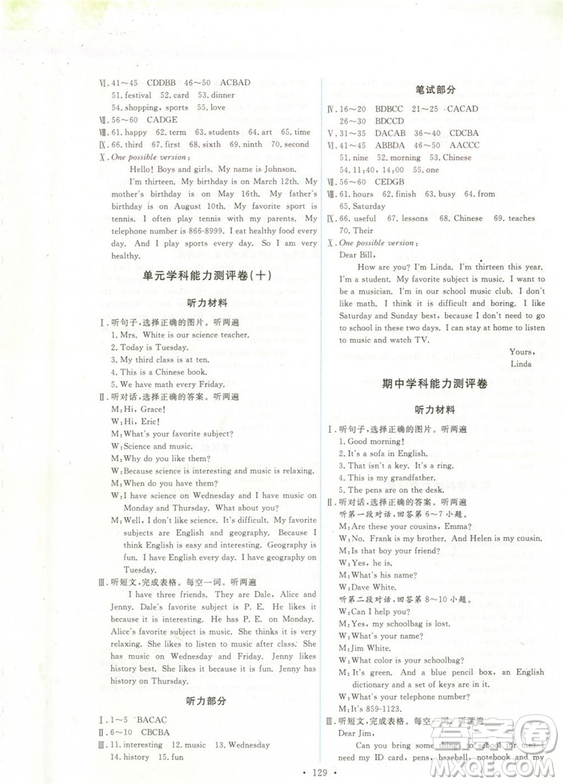 2018秋能力培養(yǎng)與測(cè)試七年級(jí)上冊(cè)人教版英語參考答案