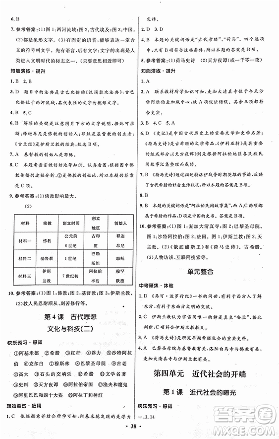 2018新版初中同步測(cè)控優(yōu)化設(shè)計(jì)九年級(jí)上冊(cè)歷史中圖版答案