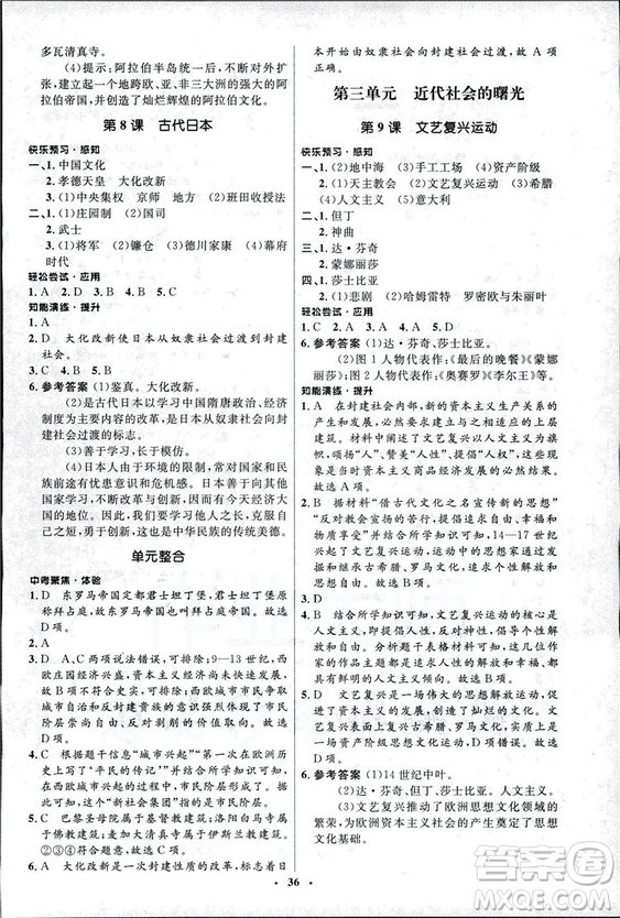 2018新版初中同步測控優(yōu)化設計九年級上冊世界歷史北師大版答案
