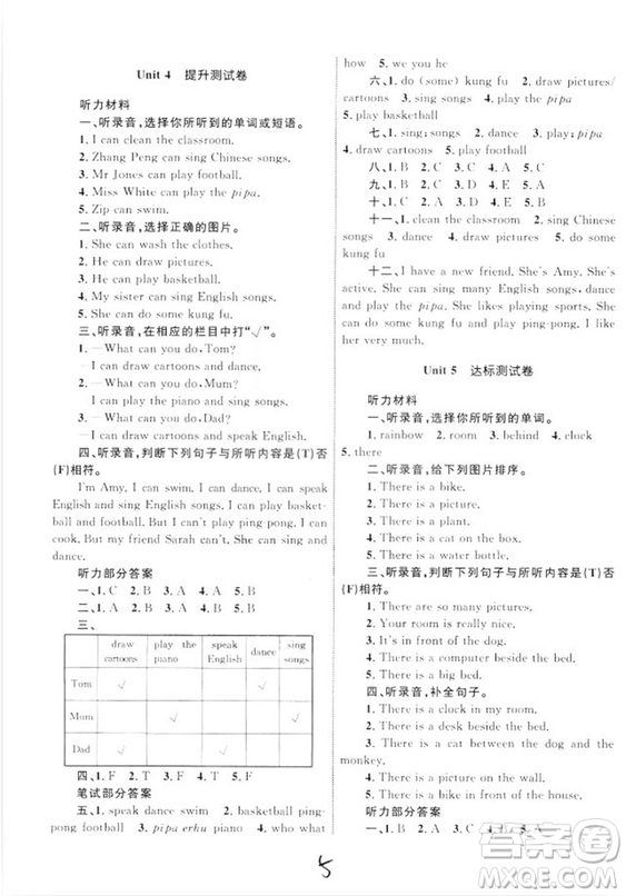 2018版優(yōu)化設計單元測試卷5年級英語上冊RJ版參考答案