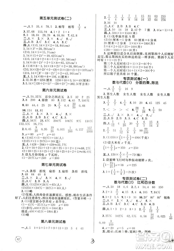 優(yōu)化設(shè)計2018版單元測試卷6年級數(shù)學(xué)上冊RJ版參考答案