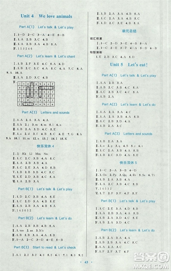 2018年新課標(biāo)學(xué)習(xí)目標(biāo)與檢測(cè)三年級(jí)英語(yǔ)上冊(cè)人教版答案