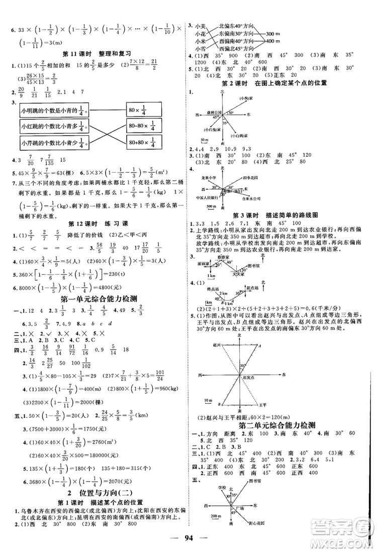 2018秋陽光同學(xué)六年級上冊數(shù)學(xué)課時優(yōu)化作業(yè)人教版RJ參考答案