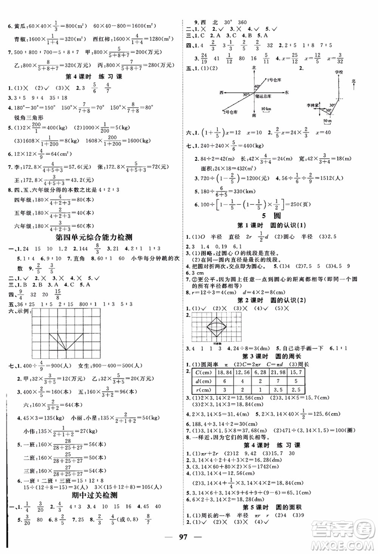 2018秋陽光同學(xué)六年級上冊數(shù)學(xué)課時優(yōu)化作業(yè)人教版RJ參考答案
