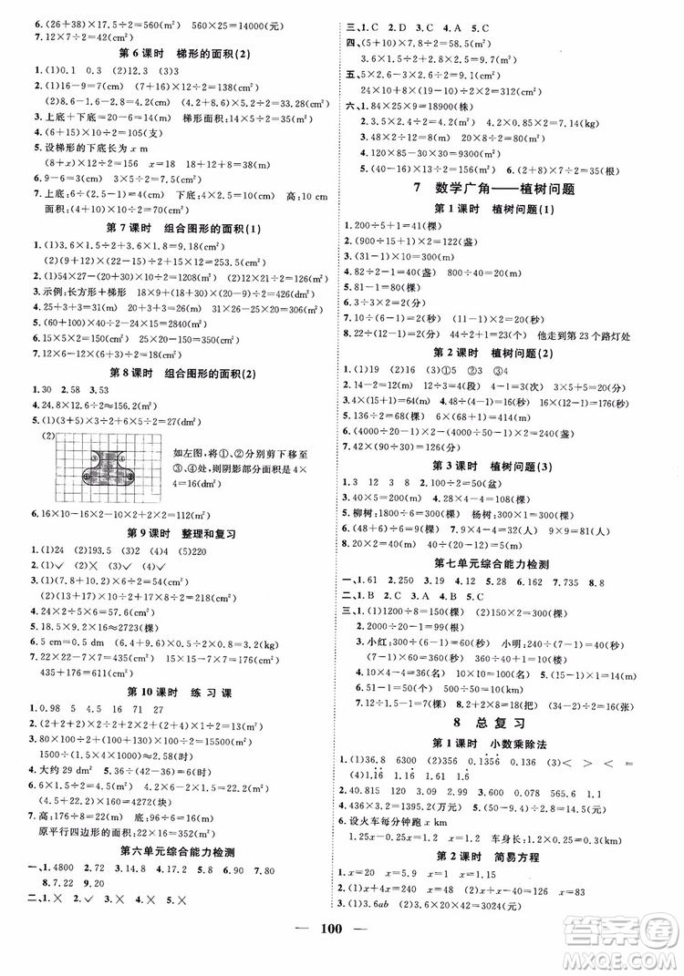 2018秋陽光同學(xué)課時優(yōu)化作業(yè)五年級上冊數(shù)學(xué)人教版RJ參考答案