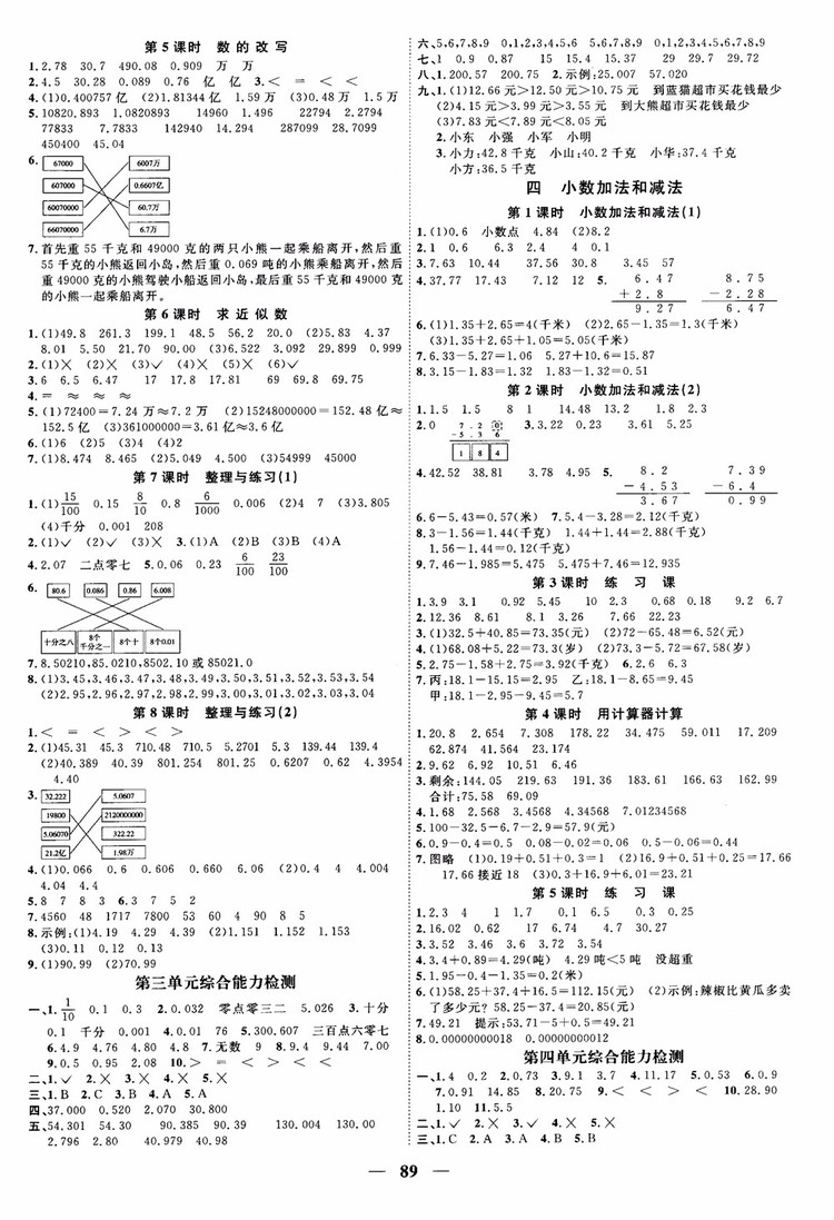 2018秋陽光同學(xué)課時(shí)優(yōu)化作業(yè)五年級上數(shù)學(xué)SJ蘇教版參考答案