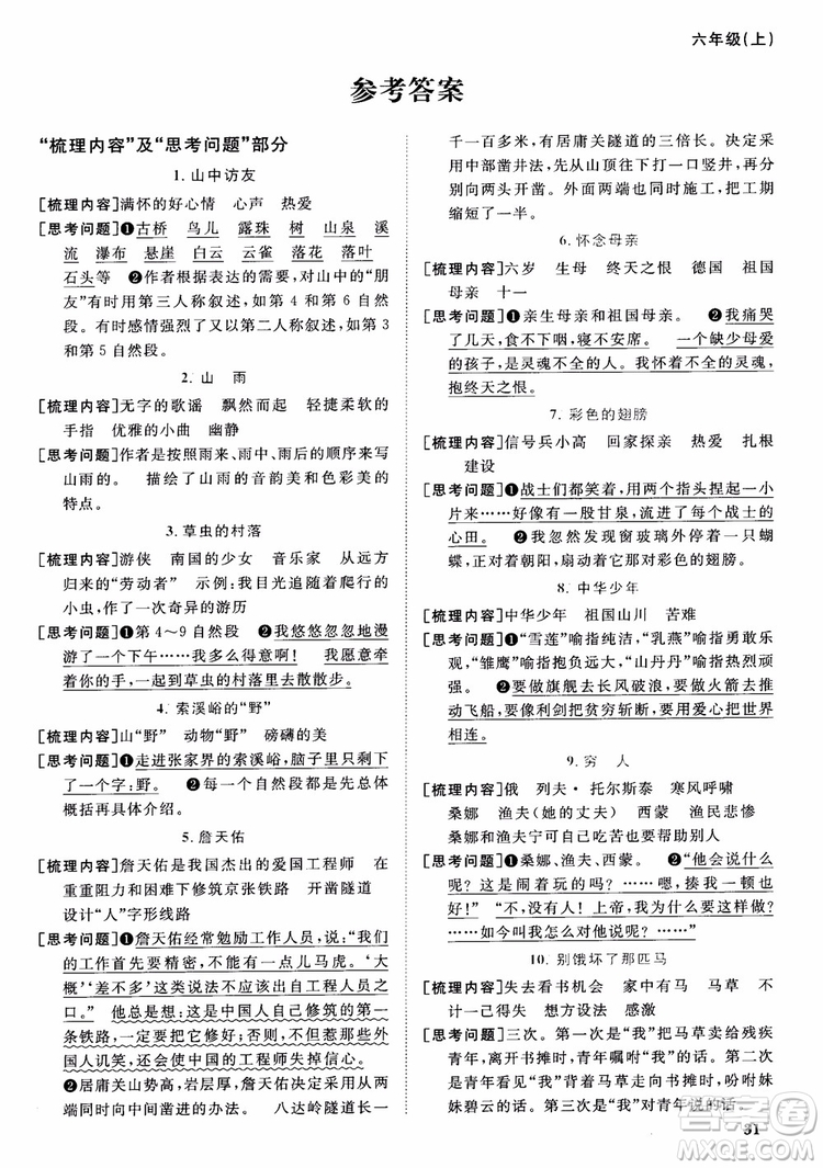 2018秋陽光同學課時優(yōu)化作業(yè)六年級上冊語文人教版RJ參考答案