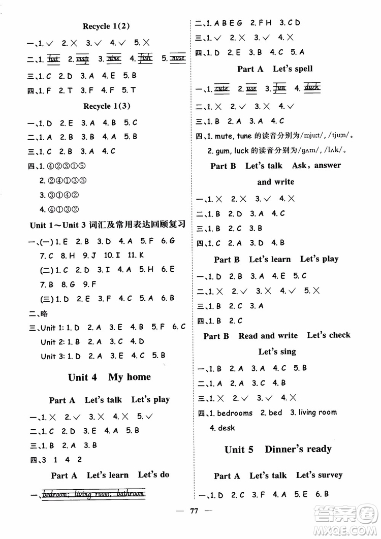 2018秋陽光同學(xué)四年級(jí)上冊(cè)英語課時(shí)優(yōu)化作業(yè)人教版RJ參考答案