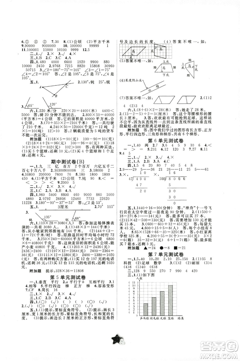 2018秋新課程學習與測評單元雙測四年級數(shù)學上冊A版人教版答案