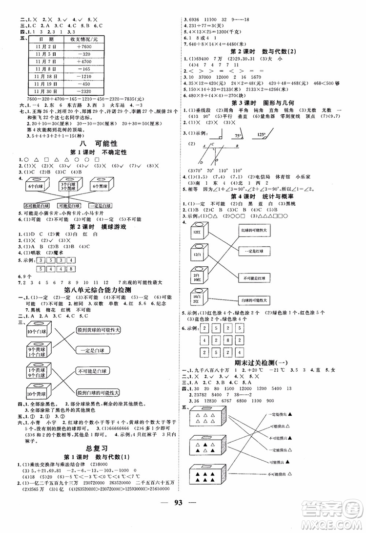 2018新版陽光同學(xué)四年級上冊數(shù)學(xué)課時(shí)優(yōu)化作業(yè)BS北師大版參考答案