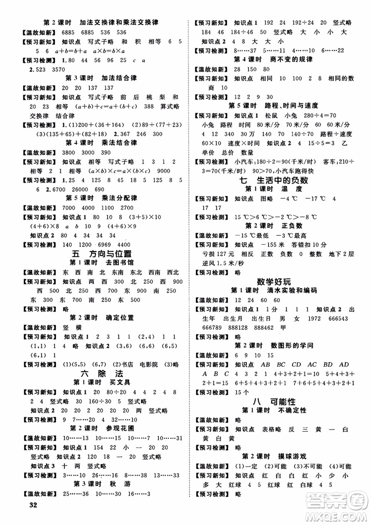 2018新版陽光同學(xué)四年級上冊數(shù)學(xué)課時(shí)優(yōu)化作業(yè)BS北師大版參考答案